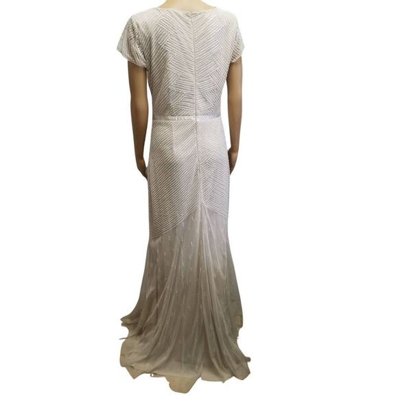WEDDING GOWN | ADRIANNA PAPELL Cream Beaded Short Sleeve Formal Sweeper Size 12 - Picture 6 of 6
